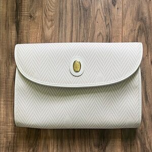 White Women's Foldover Marc Cross Clutch with Gold Emblem Has Shoulder Strap